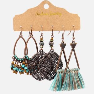 Boho Artisan Turquoise and Bronze Earring Trio